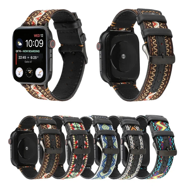 Correia de Pele Genuína Estilo Étnico, Para Apple Watch Series 7 41mm / 6 & SE & 5 & 4 40mm / 3 & 2 & 1 38mm, Para Apple Watch Series 7 45mm / 6 & SE & 5 & 4 44mm / 3 & 2 & 1 42mm