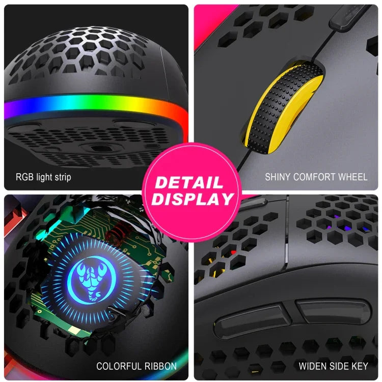 Rato Gaming Sem Fios HXSJ T90 RGB com Três Modos de Iluminação