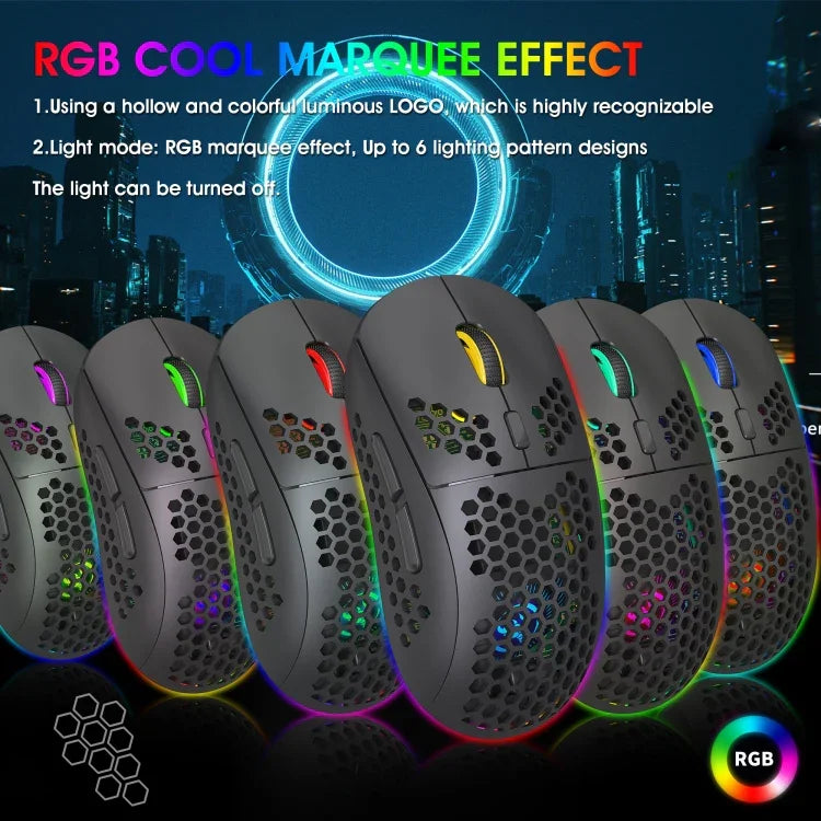 Rato Gaming Sem Fios HXSJ T90 RGB com Três Modos de Iluminação