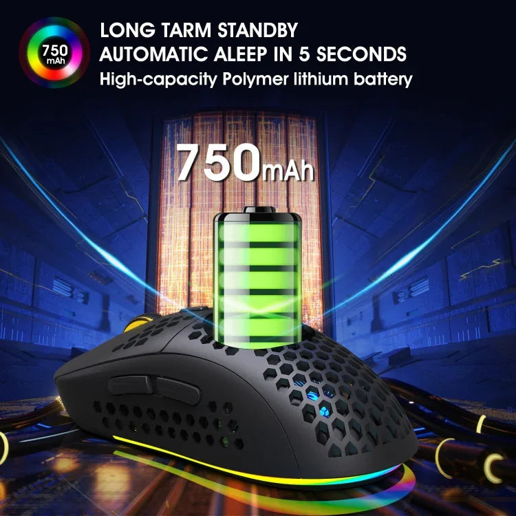 Rato Gaming Sem Fios HXSJ T90 RGB com Três Modos de Iluminação