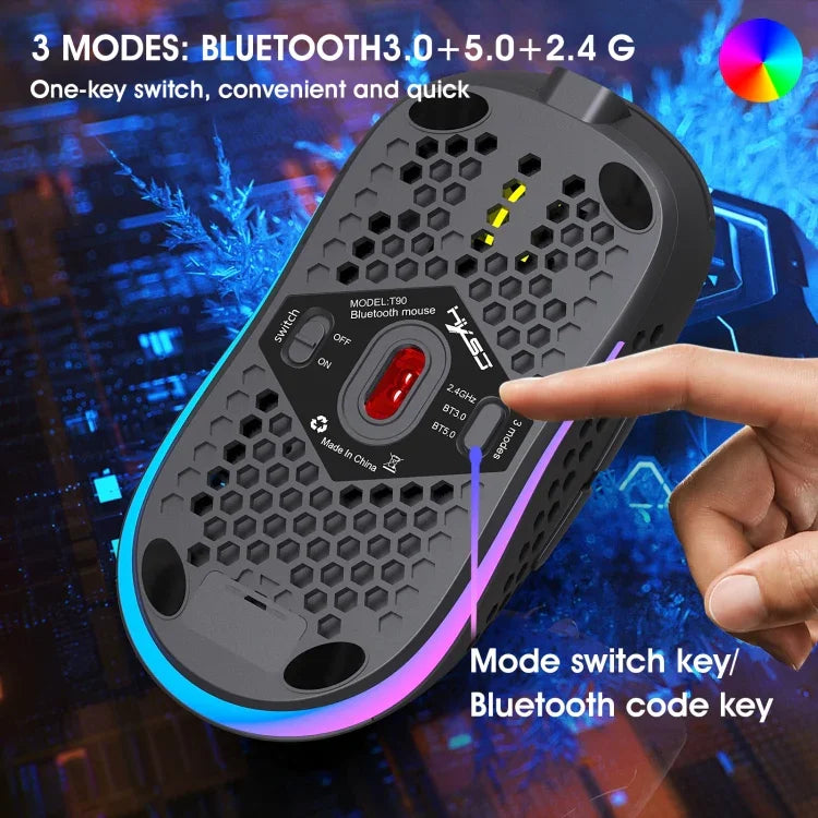 Rato Gaming Sem Fios HXSJ T90 RGB com Três Modos de Iluminação