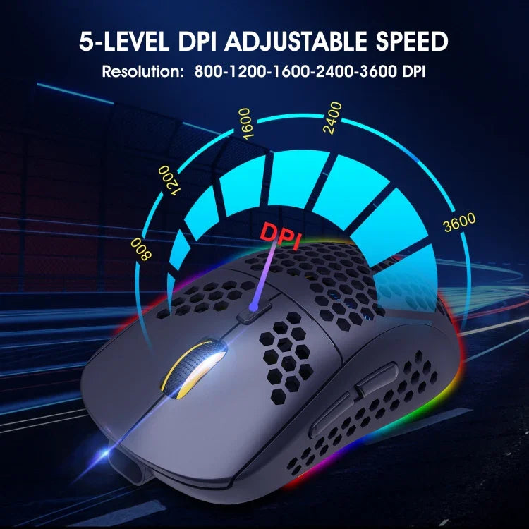 Rato Gaming Sem Fios HXSJ T90 RGB com Três Modos de Iluminação