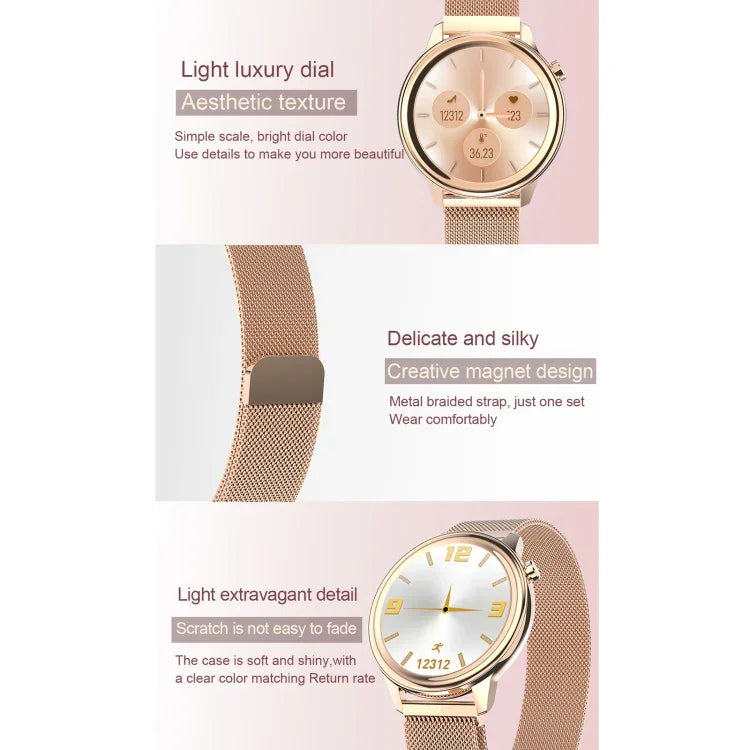Relógio inteligente feminino F80 com ecrã TFT a cores de 1,3 polegadas, impermeável IP68, Suporta monitorização da temperatura corporal / monitorização da pressão arterial / lembrete do ciclo menstrual