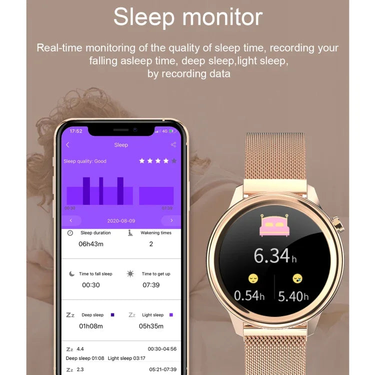Relógio inteligente feminino F80 com ecrã TFT a cores de 1,3 polegadas, impermeável IP68, Suporta monitorização da temperatura corporal / monitorização da pressão arterial / lembrete do ciclo menstrual