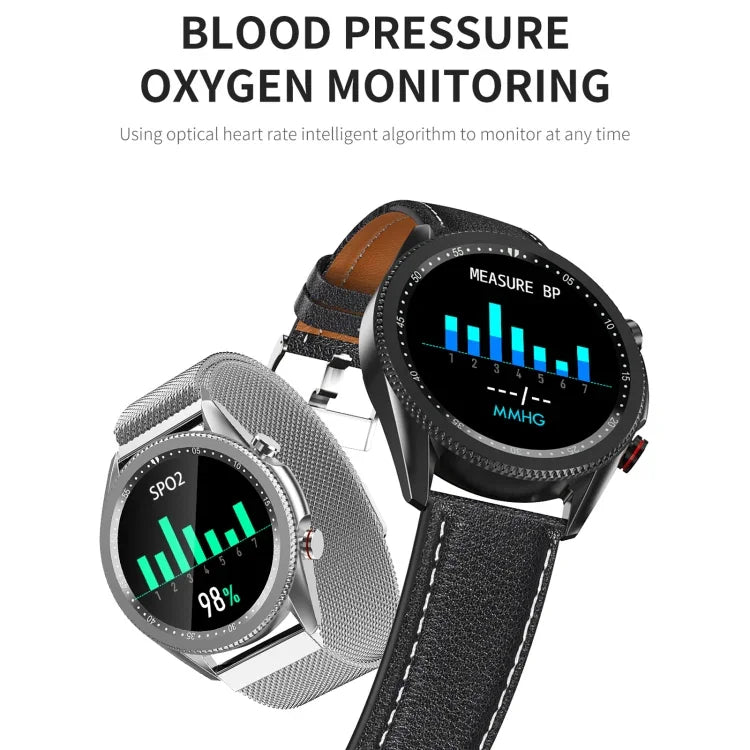 Relógio inteligente M98 com ecrã IPS a cores de 1,28 polegadas, impermeável IP67, Suporta monitorização do sono / monitorização da frequência cardíaca / chamadas Bluetooth, Estilo: pulseira de couro, pulseira de couro (Prateado), pulseira de couro (Preto)