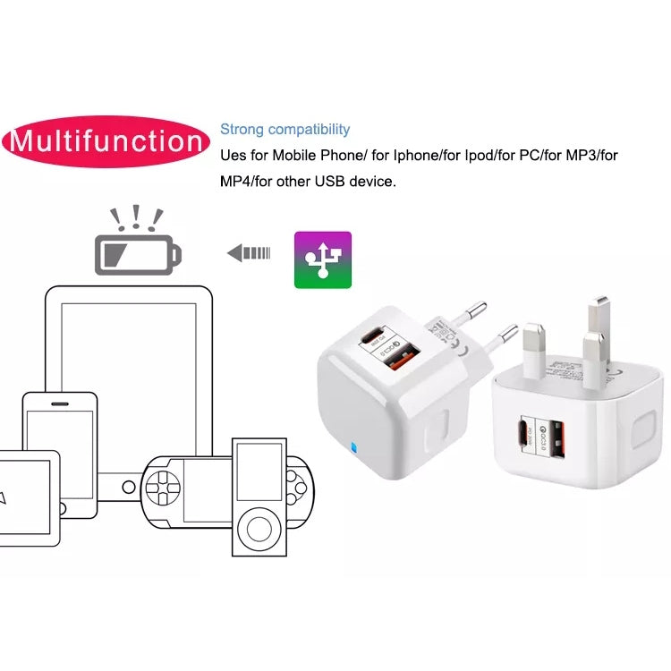 Adaptador de Energia de Viagem com Duas Portas 20W PD + QC 3.0, Ficha EUA, Ficha UE, Ficha UK