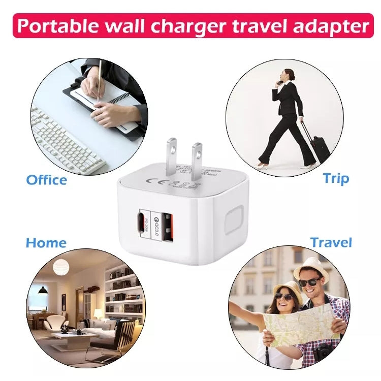 Adaptador de Energia de Viagem com Duas Portas 20W PD + QC 3.0, Ficha EUA, Ficha UE, Ficha UK