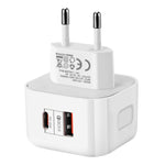Adaptador de Energia de Viagem com Duas Portas 20W PD + QC 3.0, Ficha EUA, Ficha UE, Ficha UK