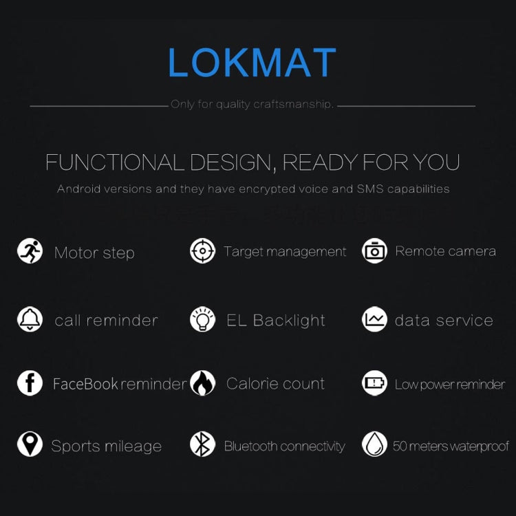 Relógio Inteligente Lokmat MK16 com Ecrã LCD, à Prova de Água 50m, Suporta Lembrete de Informação / Câmara Remota / Monitorização de Movimento a Caminhar