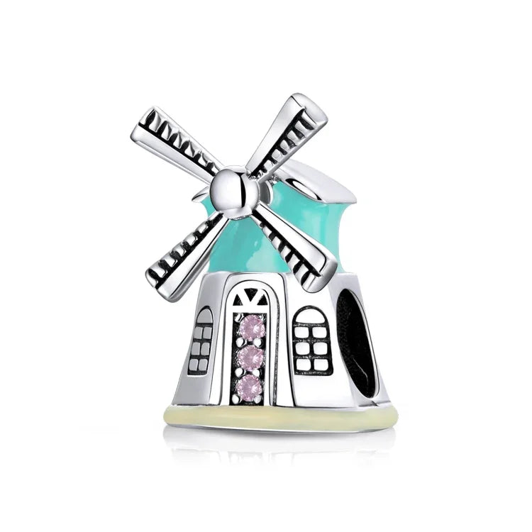 Contas de Moinhos de Vento Holandeses em Prata Esterlina S925 para Pulseira e Colar DIY, Moinhos de Vento Holandeses