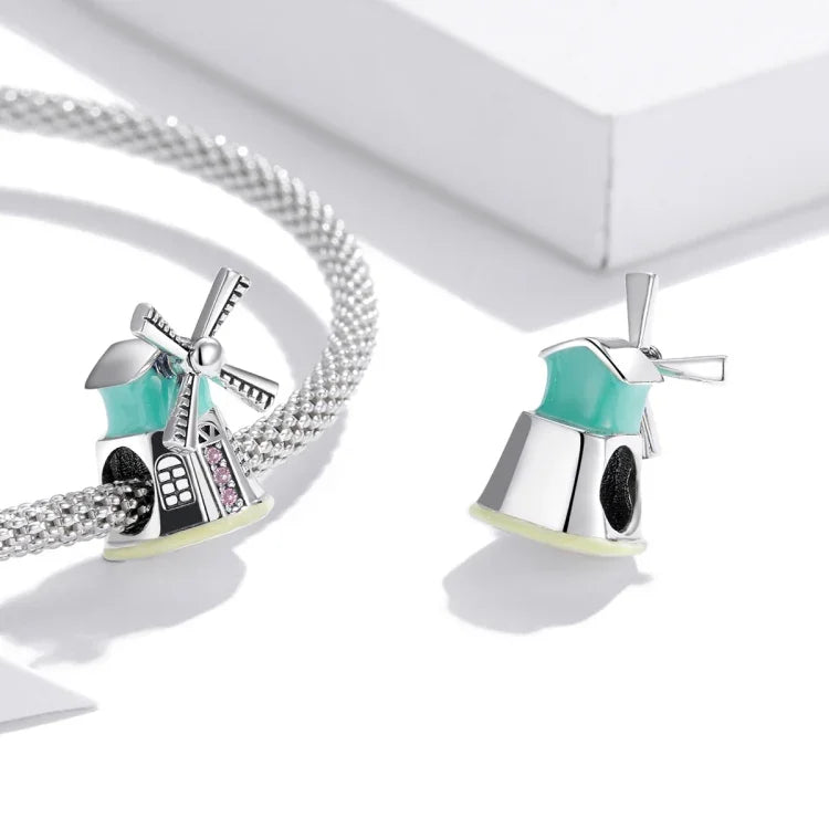 Contas de Moinhos de Vento Holandeses em Prata Esterlina S925 para Pulseira e Colar DIY, Moinhos de Vento Holandeses