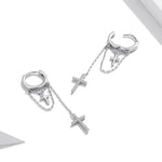Brincos Femininos Cruz Brilhante com Pendente de Borla Longa em Prata Esterlina S925, Cruz Brilhante com Borla Longa