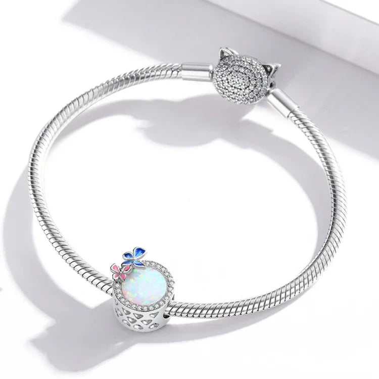 Contas de Primavera Borboleta em Prata Esterlina S925 para Pulseira e Colar DIY, Primavera Borboleta