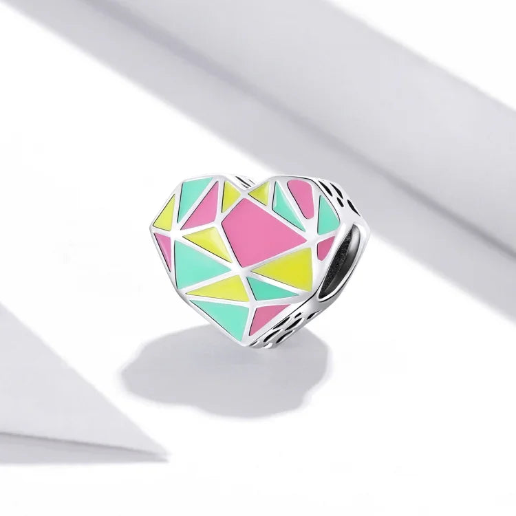 Contas Geométricas de Coração em Prata Esterlina S925 para Pulseira e Colar DIY, Geometria de Coração