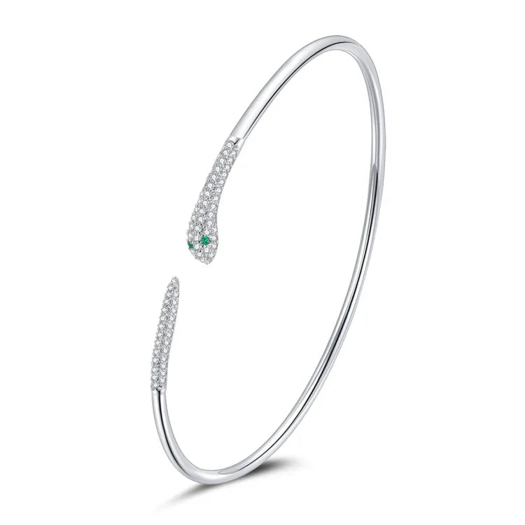 Pulseira Aberta de Cobra em Prata Esterlina S925, Joalharia Feminina, Cobra