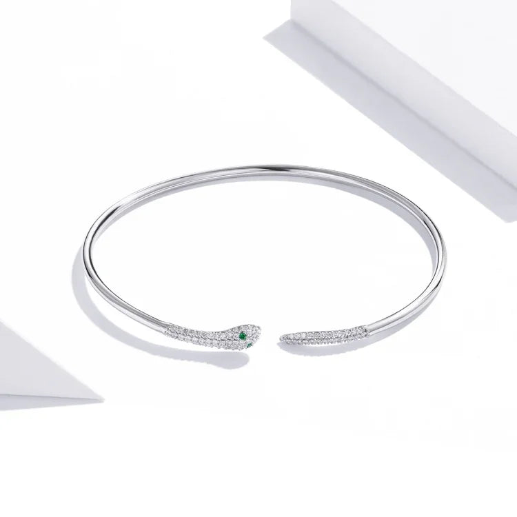 Pulseira Aberta de Cobra em Prata Esterlina S925, Joalharia Feminina, Cobra
