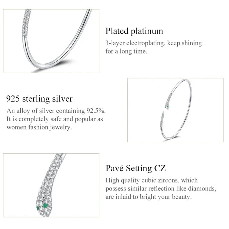 Pulseira Aberta de Cobra em Prata Esterlina S925, Joalharia Feminina, Cobra