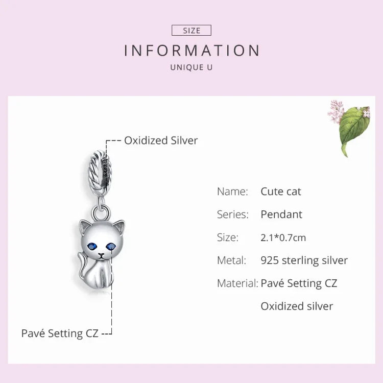 Pendente de Gato Fofo em Prata Esterlina S925 para Pulseira e Colar DIY, Gato