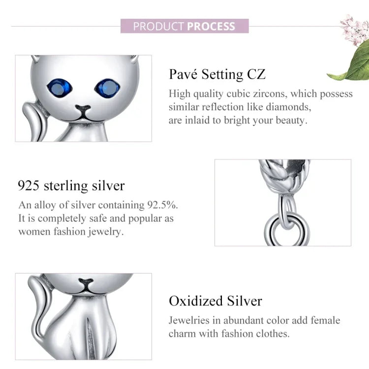 Pendente de Gato Fofo em Prata Esterlina S925 para Pulseira e Colar DIY, Gato