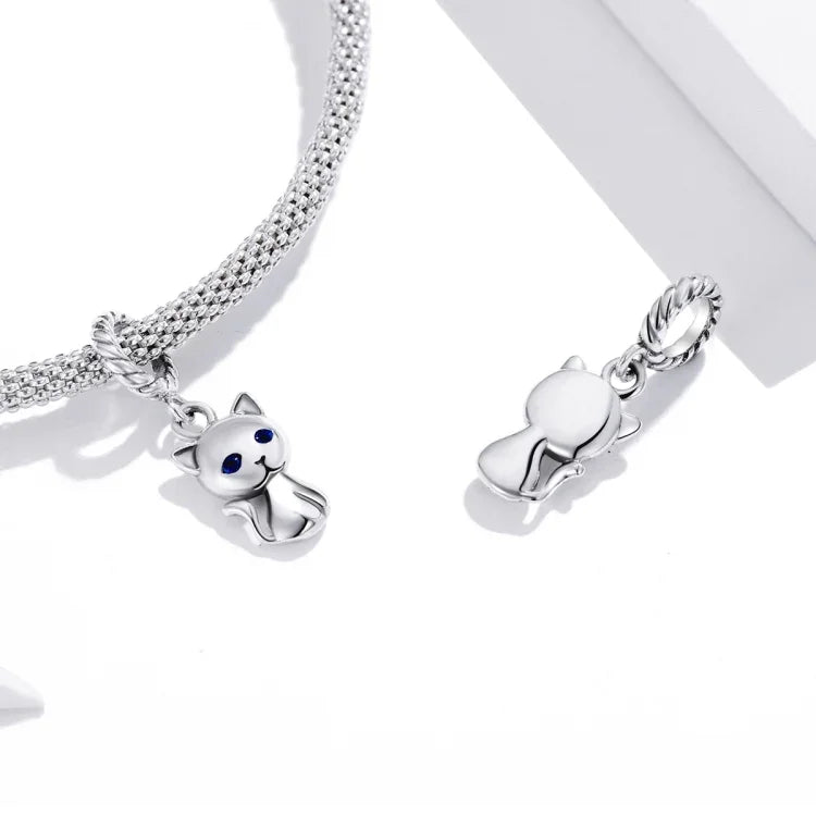 Pendente de Gato Fofo em Prata Esterlina S925 para Pulseira e Colar DIY, Gato