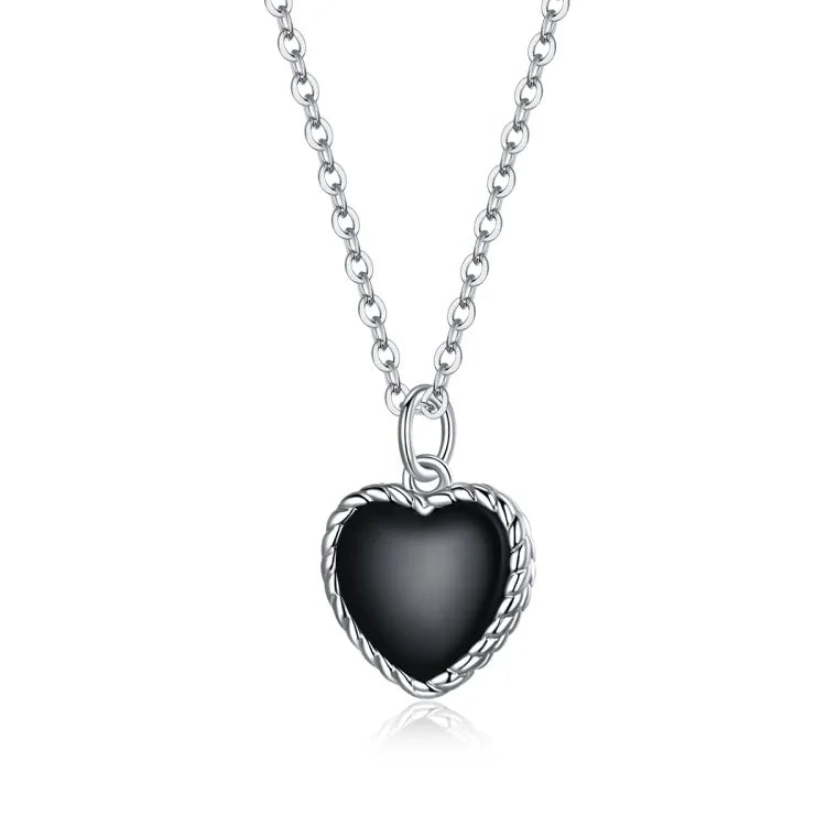 Colar Feminino em Prata Esterlina S925 com Coração Preto, Coração Preto