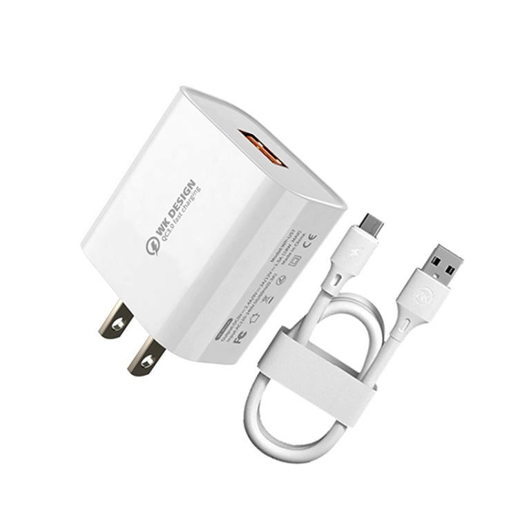 WK WP-U57 Max Carregador Rápido 18W Maxspeed QC3.0 + Cabo de Dados USB para 8 Pinos, Ficha EUA, Ficha UE
