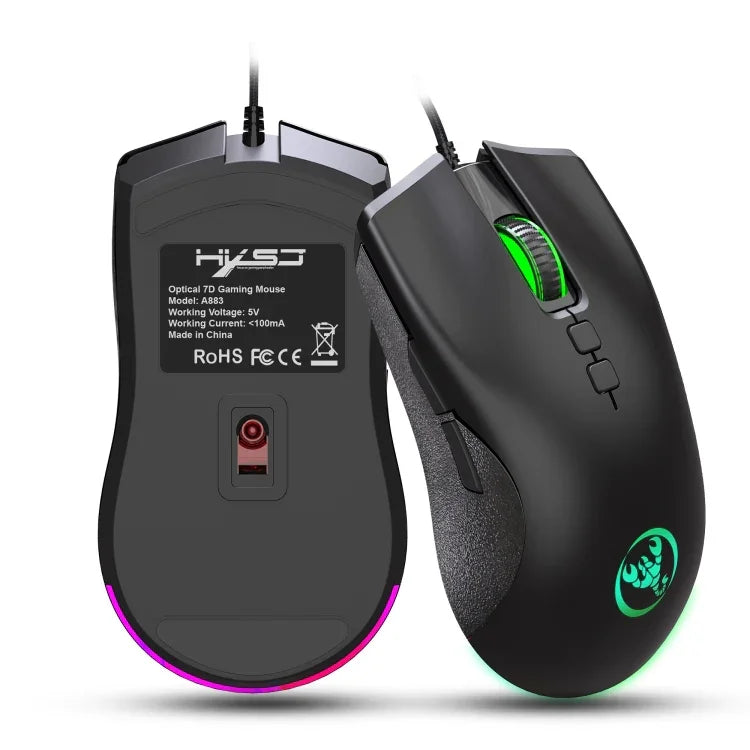 Rato Gaming Mecânico com Fios HXSJ A883, 7 Teclas, 6400DPI, Luz RGB