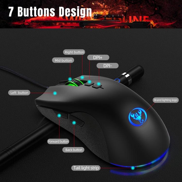 Rato Gaming Mecânico com Fios HXSJ A883, 7 Teclas, 6400DPI, Luz RGB