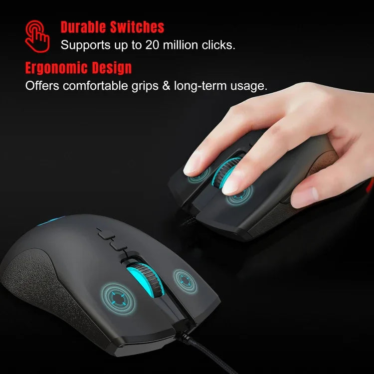 Rato Gaming Mecânico com Fios HXSJ A883, 7 Teclas, 6400DPI, Luz RGB
