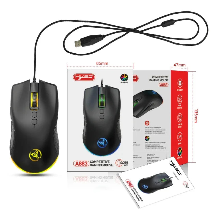 Rato Gaming Mecânico com Fios HXSJ A883, 7 Teclas, 6400DPI, Luz RGB