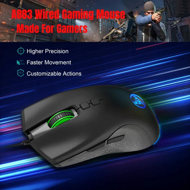 Rato Gaming Mecânico com Fios HXSJ A883, 7 Teclas, 6400DPI, Luz RGB