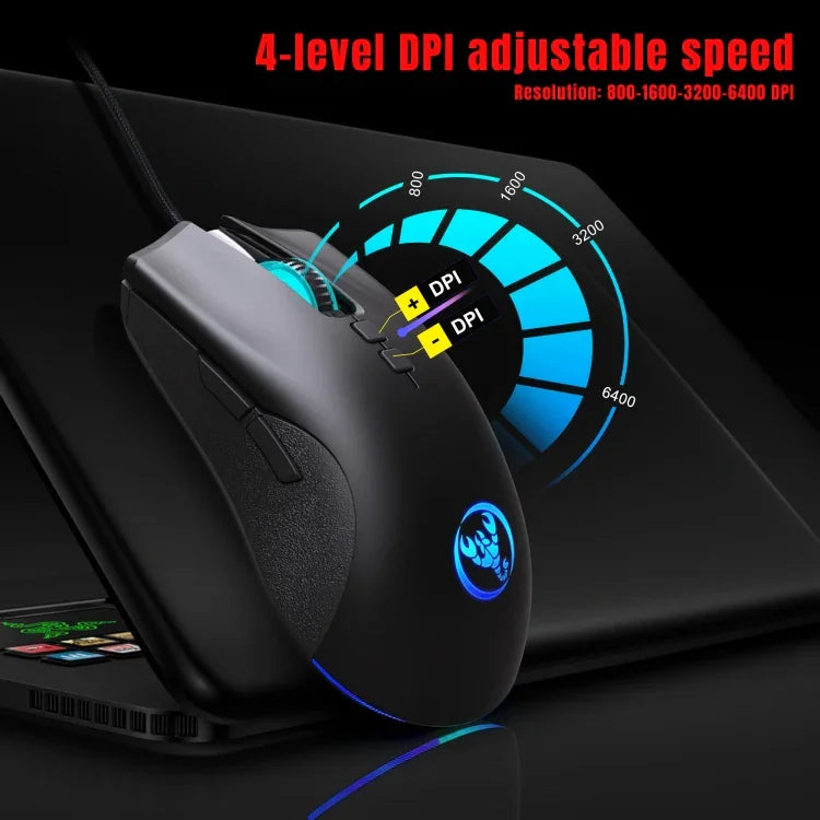 Rato Gaming Mecânico com Fios HXSJ A883, 7 Teclas, 6400DPI, Luz RGB