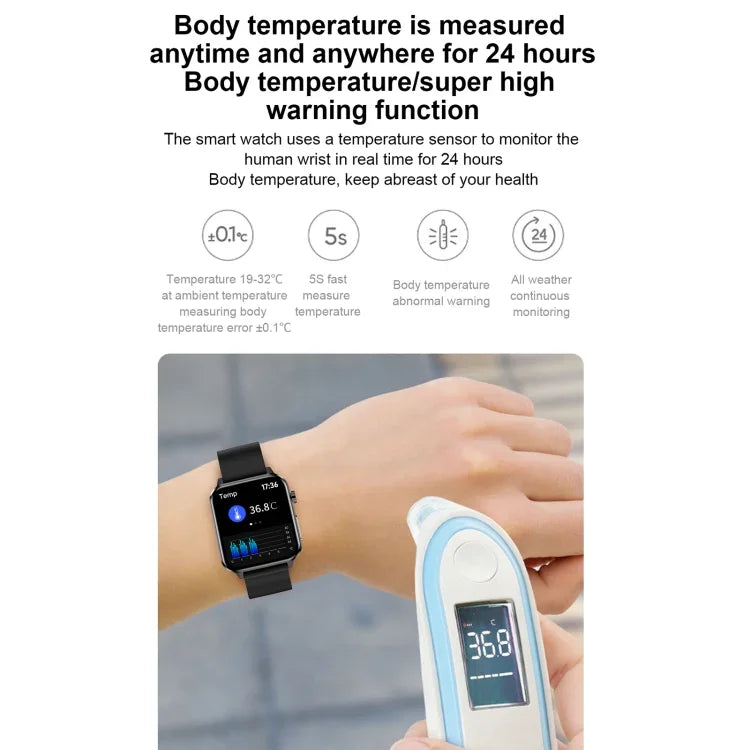 Relógio Inteligente E86 com Ecrã TFT Colorido de 1,7 polegadas, à Prova de Água IP68, Suporta Monitorização de Oxigénio no Sangue / Monitorização da Temperatura Corporal / Diagnóstico Médico por IA, Estilo: Correia de Aço, Correia de Aço (Preto)