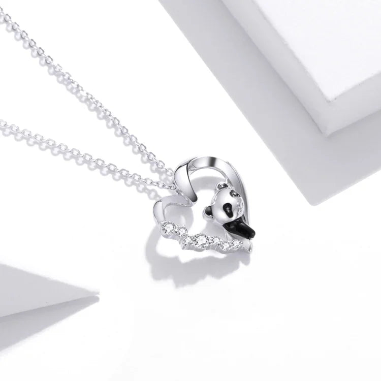 Colar Feminino Panda em Forma de Coração em Prata Esterlina S925, Panda