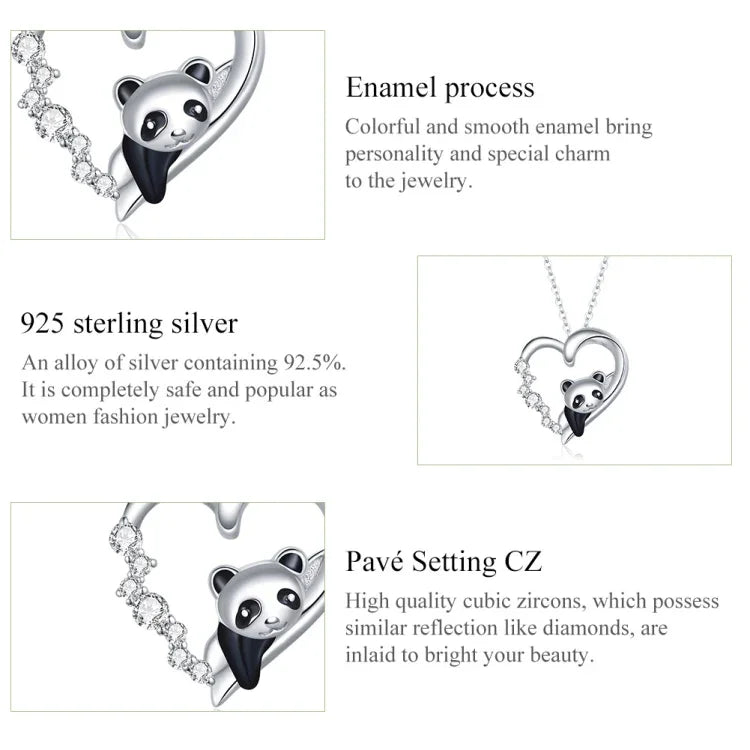 Colar Feminino Panda em Forma de Coração em Prata Esterlina S925, Panda