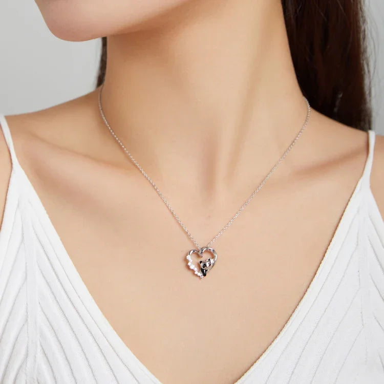 Colar Feminino Panda em Forma de Coração em Prata Esterlina S925, Panda