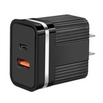 RSY Carregador de Viagem de Carregamento Rápido com Portas Duplas USB + USB-C / Type-C, Ficha US, Ficha EU