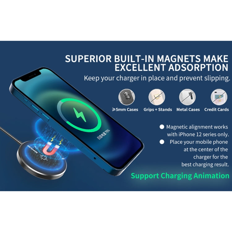 Mriowiz M-2001W Carregador Sem Fios Magnético MagSafe de 15W para Secretária para iPhone 12 Series, com Cabo de Dados USB + USB-C / Type-C e Suporte