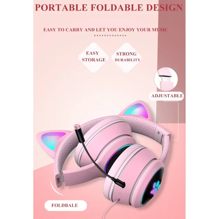 AKZ-022 Auscultadores Dobráveis com LED, Microfone, Design de Orelhas de Gato, Porta USB + 3,5mm