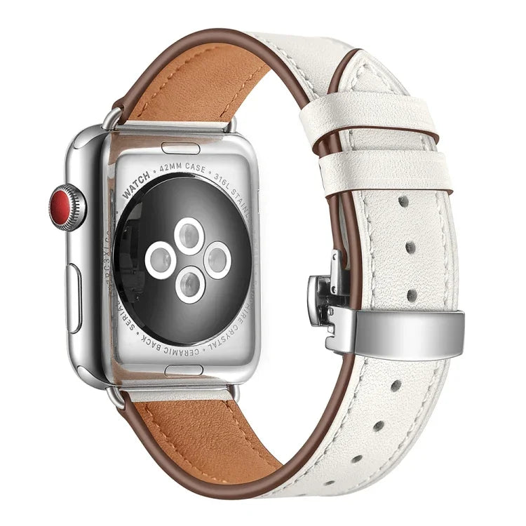 Correias de Relógio Substitutas em Pele Genuína + Fivela Borboleta Prateada Para Apple Watch Series 6 & SE & 5 & 4 44mm / 3 & 2 & 1 42mm, Fivela Prateada Para Apple Watch Series 7 45mm / 6 & SE & 5 & 4 44mm / 3 & 2 & 1 42mm