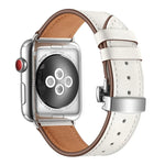 Genuine Leather + Butterfly Silver Buckle Replacement Watchbands For Apple Watch Series 6 & SE & 5 & 4 44mm / 3 & 2 & 1 42mm, Silver Buckle For Apple Watch Series 7 45mm / 6 & SE & 5 & 4 44mm / 3 & 2 & 1 42mm
