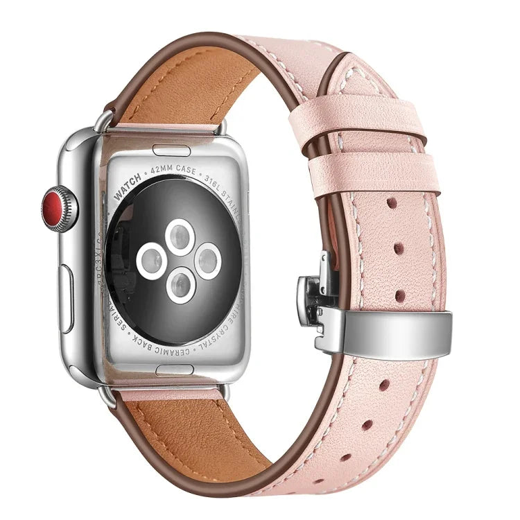 Correias de Relógio Substitutas em Pele Genuína + Fivela Borboleta Prateada Para Apple Watch Series 6 & SE & 5 & 4 40mm / 3 & 2 & 1 38mm, Fivela Prateada Para Apple Watch Series 7 41mm / 6 & SE & 5 & 4 40mm / 3 & 2 & 1 38mm