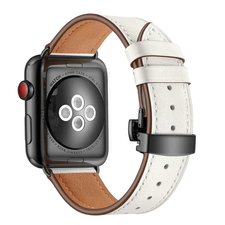 Correias de substituição em pele genuína com fecho borboleta preto para Apple Watch Series 6 & SE & 5 & 4 44mm / 3 & 2 & 1 42mm, fecho preto para Apple Watch Series 7 45mm / 6 & SE & 5 & 4 44mm / 3 & 2 & 1 42mm