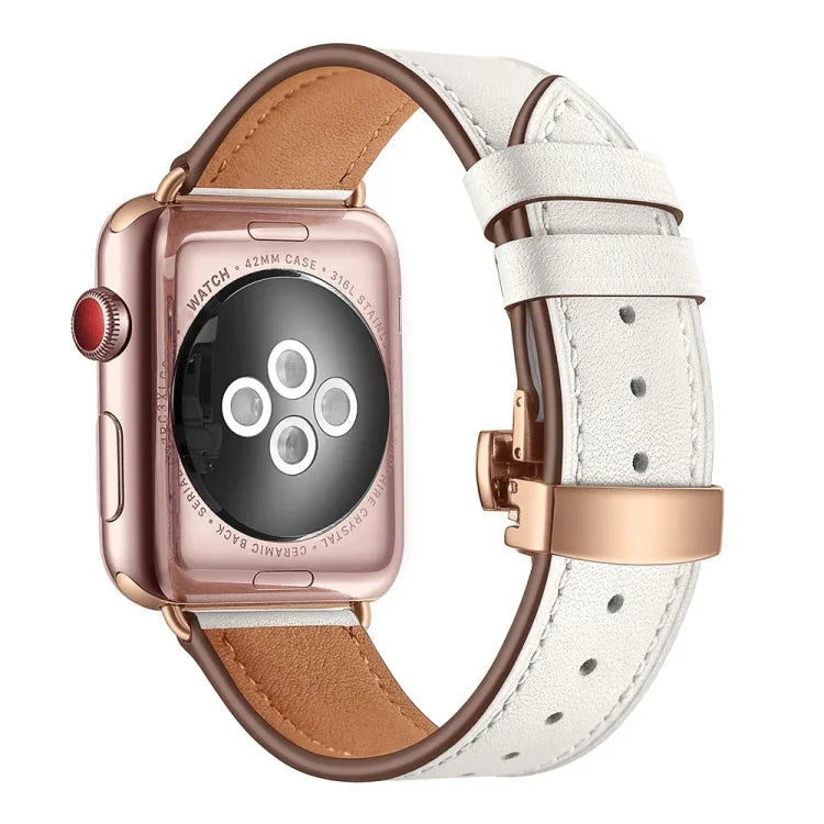 Correias de substituição em pele genuína com fecho borboleta dourado rosa para Apple Watch Series 6 & SE & 5 & 4 40mm / 3 & 2 & 1 38mm, fecho dourado rosa para Apple Watch Series 7 41mm / 6 & SE & 5 & 4 40mm / 3 & 2 & 1 38mm