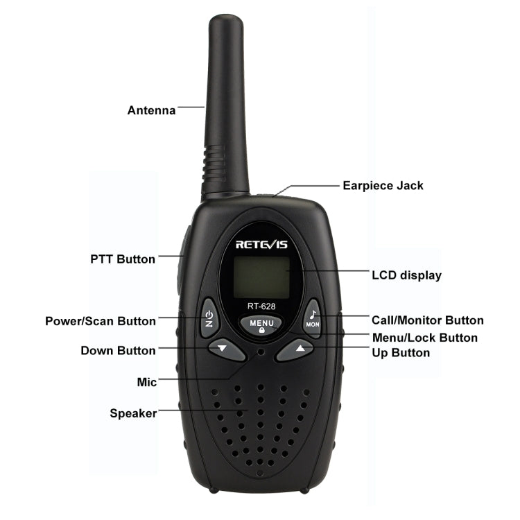 1 Par de Walkie Talkie Infantil RETEVIS RT628 0,5W Frequência EU 446MHz 8 Canais, RT628 (Preto), RT628 (Branco), RT628 (Vermelho)