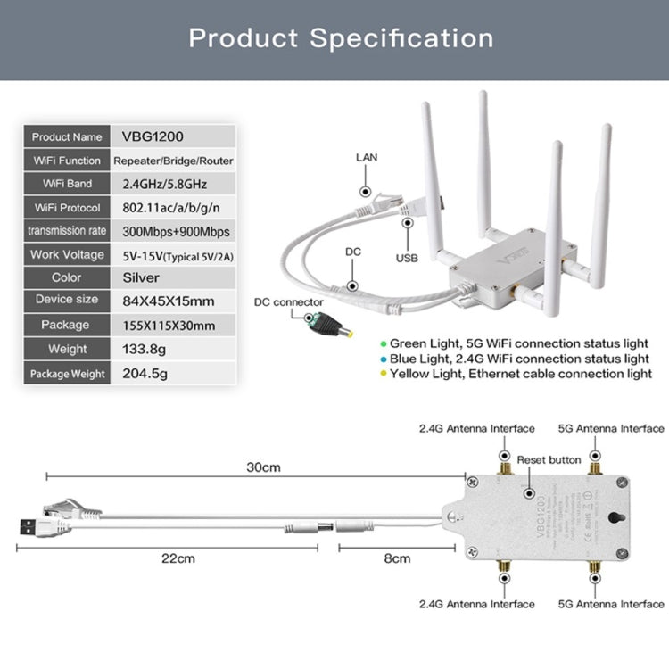 Roteador Repetidor Sem Fios de Banda Dupla VONETS VBG1200 300Mbps+900Mbps Estação Base WIFI com 4 Antenas
