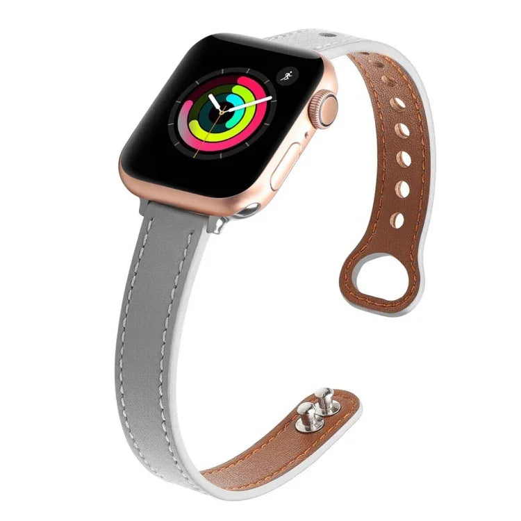 Double nail leather replacement strap for Apple Watch, compatible with Series 4, 5, 6, 7, SE in various sizes.