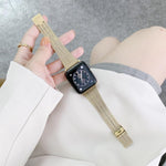 Color matching steel replacement strap for Apple Watch styled on wrist, compatible with multiple Apple Watch models.
