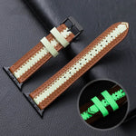 Luminous cowhide leather watch band for Apple Watch, featuring a comfortable design and adjustable length.