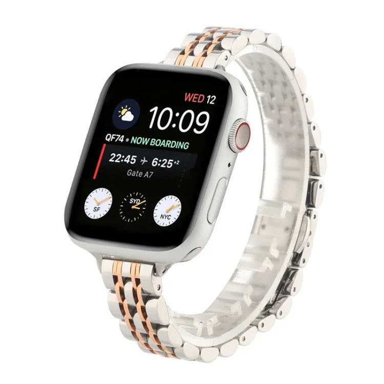 Pulseira de Relógio em Aço Inoxidável com Sete Contas para Cintura Pequena para Apple Watch Series 6 & SE &, para Apple Watch Series 7 45mm / 6 & SE & 5 & 4 44mm / 3 & 2 & 1 42mm, para Apple Watch Series 8&7 41mm / SE 2&6&SE&5&4 40mm / 3&2&1 38mm